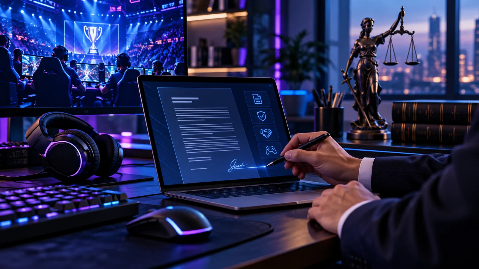 Advogado analisando e assinando contrato relacionado ao mercado de E-sports