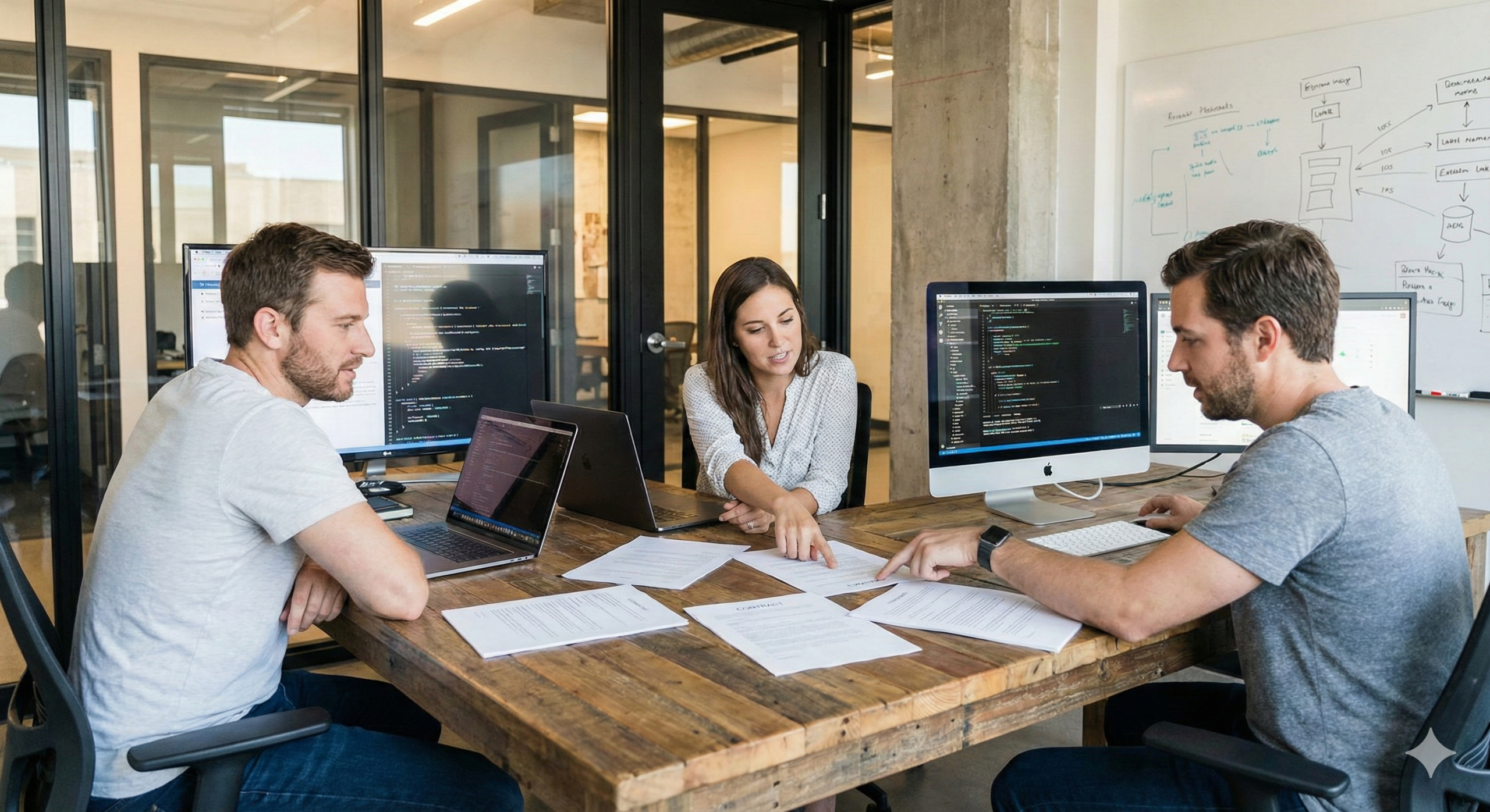 Sócios de uma startup de TI discutindo o Memorando de Entendimentos (MoU) e a divisão de equity em um escritório.