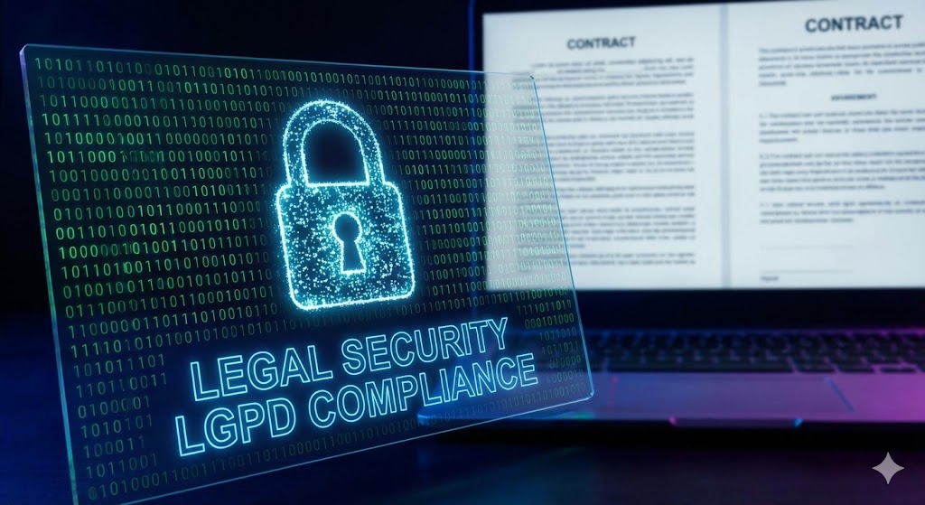 Cadeado digital sobre código-fonte representando a segurança jurídica e o Contrato SaaS em conformidade com a LGPD.