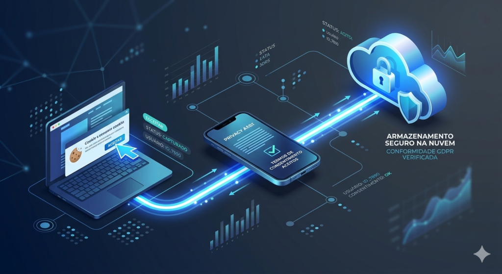 Fluxograma analítico demonstrando a jornada do usuário e a proteção de dados na nuvem, destacando a integração da LGPD para software e a segurança jurídica em contratos para startups de TI.