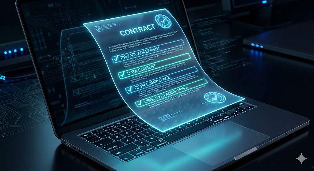 Contrato digital flutuando sobre teclado de notebook, com cláusulas destacadas em azul neon que detalham as regras de uso plataforma digital e limitações de responsabilidade técnica.