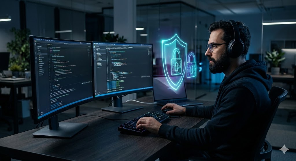Desenvolvedor de software analisando linhas de código em ambiente dark mode, com ícones sobrepostos de escudo de segurança e cadeado digital, representando a proteção de Termos de Uso e Política de Privacidade para SaaS.