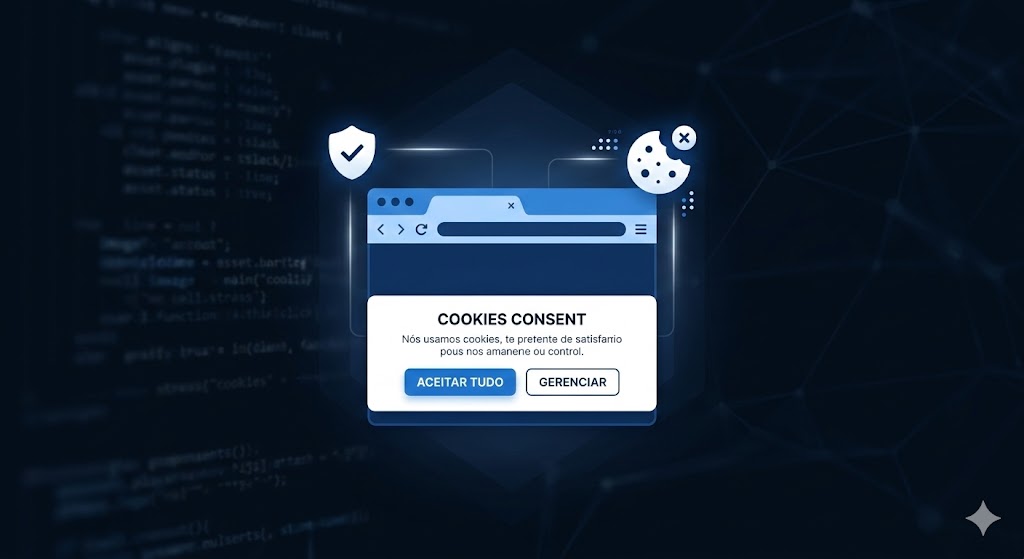 Interface de navegador web exibindo um banner moderno de consentimento de cookies, ilustrando de forma técnica como fazer política de cookies em conformidade com a LGPD.