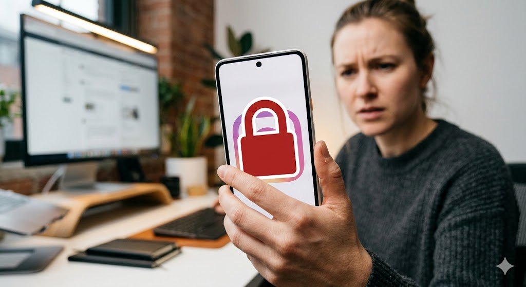 Pessoa segurando celular com conta do Instagram bloqueada, exibindo ícone de cadeado vermelho na tela